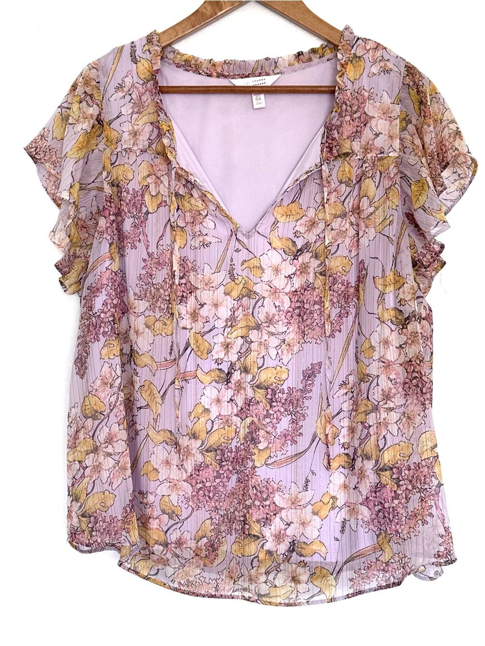 LC Lauren Conrad Plus Shirt Women’s 0X Floral Print Short Sleeve V Neck Blouse